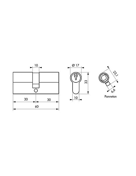 Cylindre de serrure à double entrée, 30x30mm, laiton, 3 clés - SP