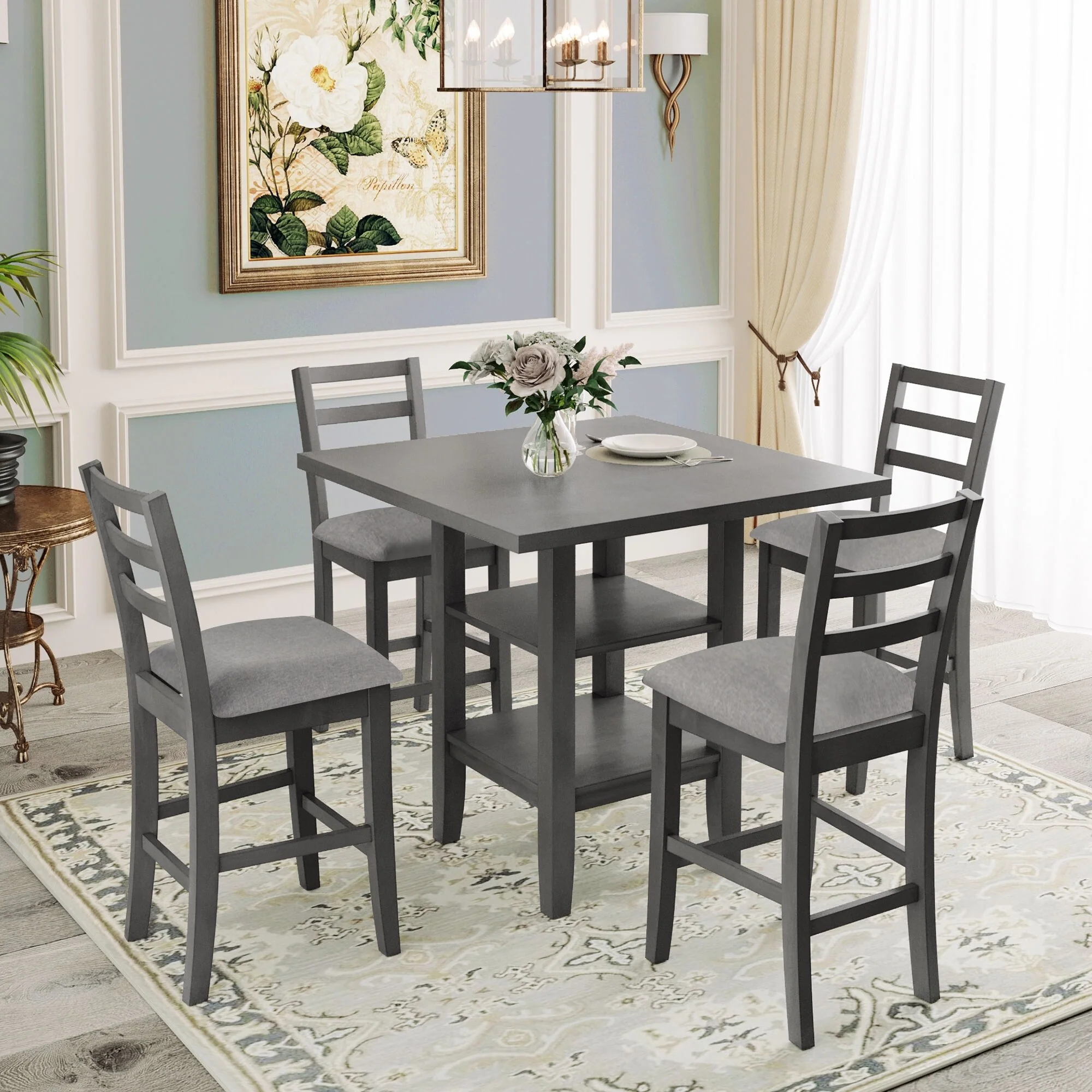 Gray 5-Piece Counter Height Wooden Dining Table Set with 4 Chairs & Shelf
