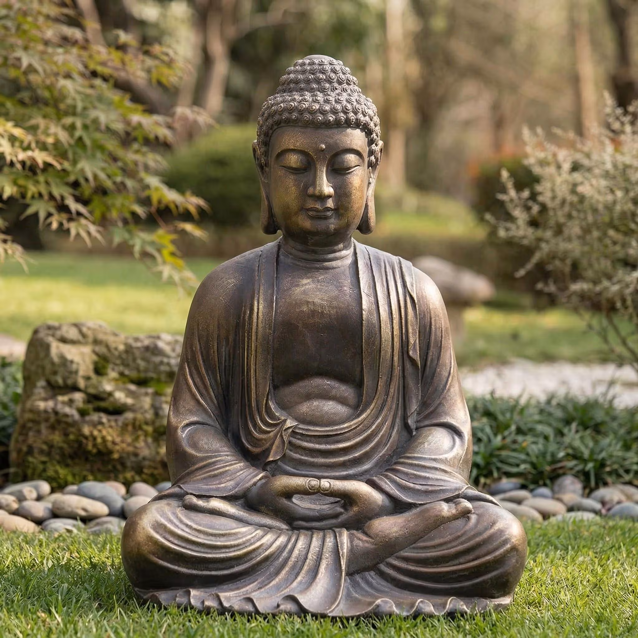 23 inch Meditating Buddha Statue Bronze Zen Garden Decor Indoor Outdoor Sitting Buddha Sculpture Spiritual Yoga Home Patio Decor