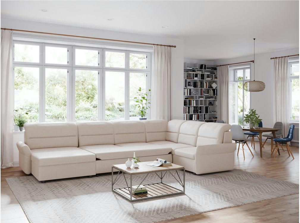 AMBRE - Canapé panoramique 5 places modulable convertible en tissu - Beige