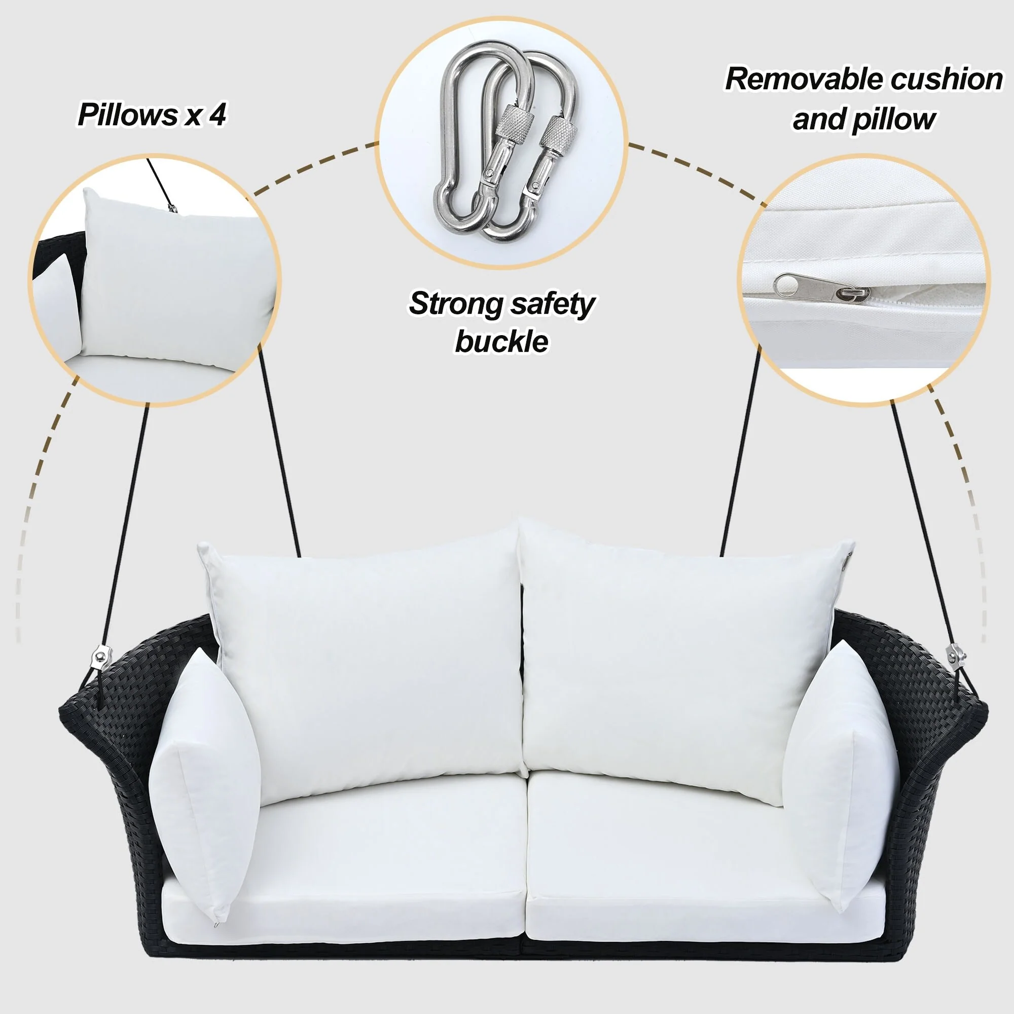 Wicker Hanging Swing Chair for 2 with Includes Cushion and Pillows,Adjustable Ropes-500lb Capacity