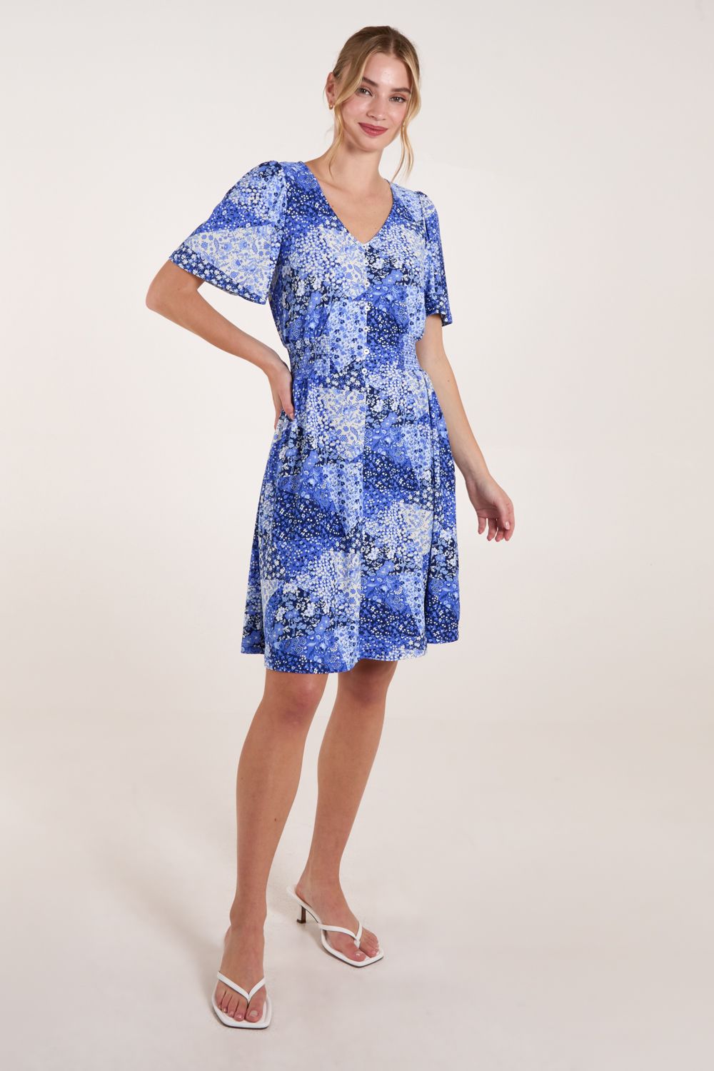 Blue Vanilla Shirred Waist Button Mini Dress