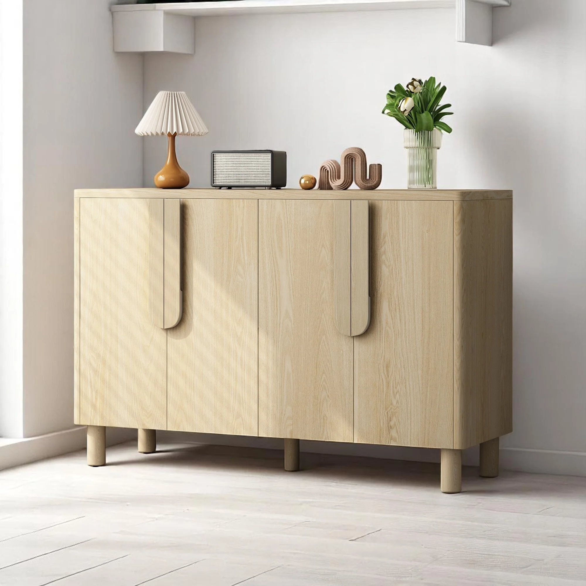 4-Door Sideboard Buffet Cabinet with Adjustable Shelves and Cable Management,Arc Handles, Pine Wood Legs,47 Storage Console