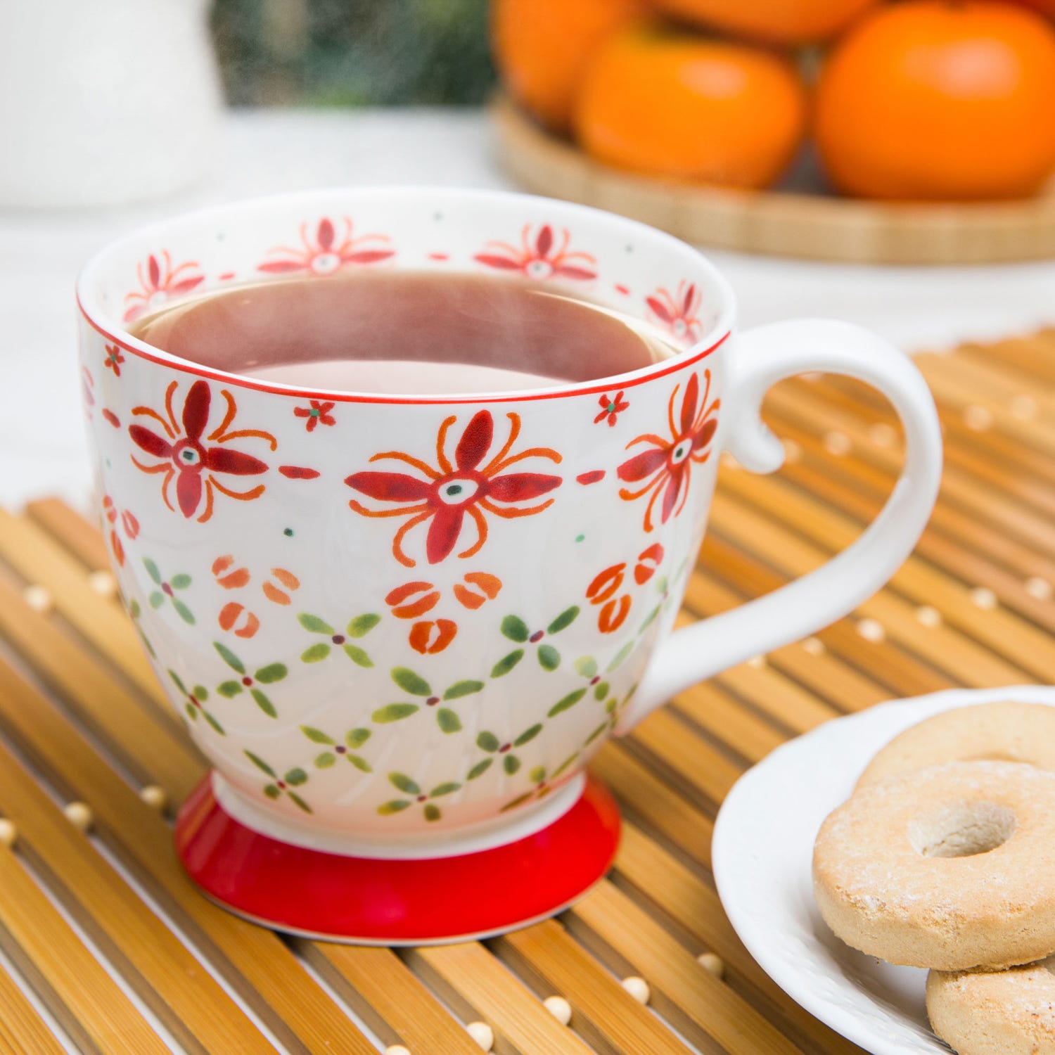 Tazza tè decoro rosso in New Bone China, 450 ml