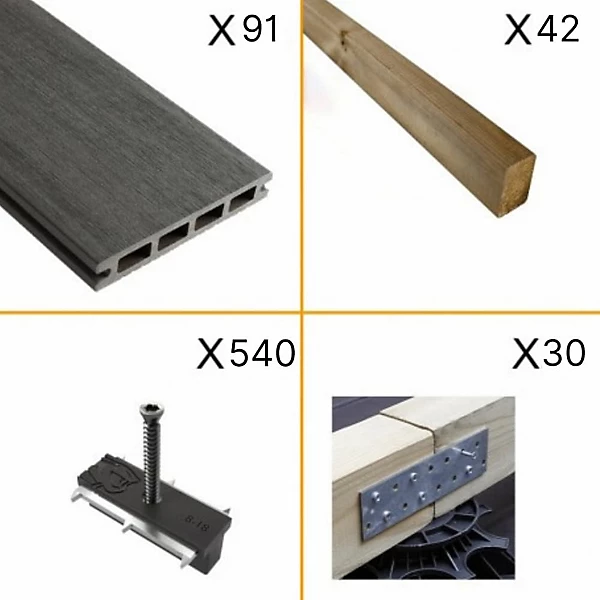 Kit Terrasse Composite NAVIA 30m² - Gris Foncé - 91 lames de terrasse (220 x 14.5 x 2.2 cm) - Fixation par Clips - Terrasse