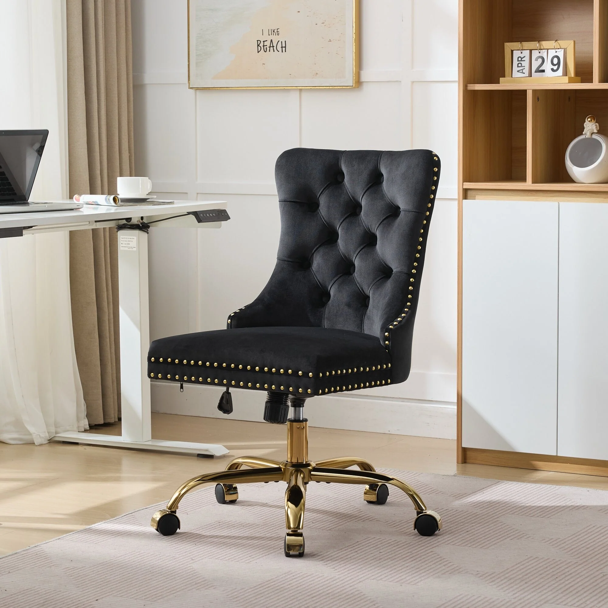 Modern Velvet Swivel Office Chair with Tufted Back/Golden Metal Base