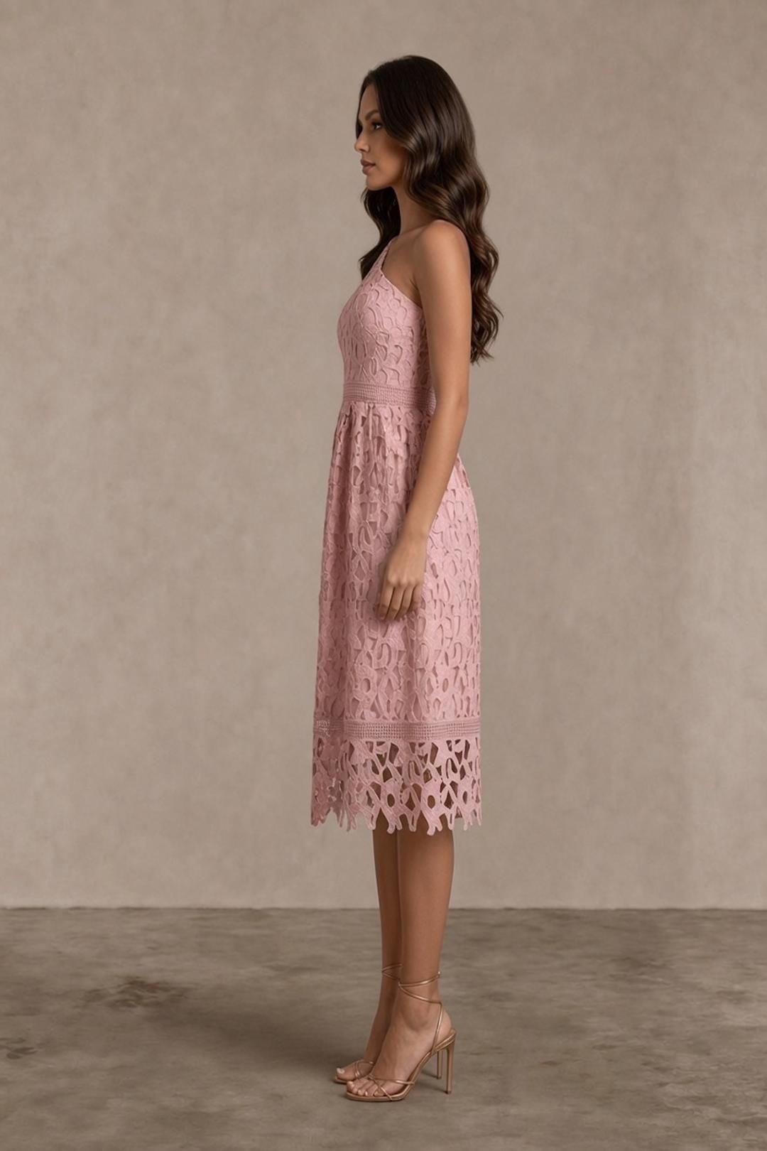 Chi Chi London One Shoulder Premium Lace Midi Dress in Blush