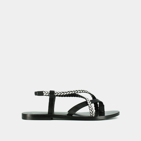 Nu-pieds à brides tresséesen cuir noir et argent | WARREN