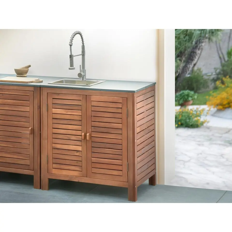 BRUCOLI - Buitenkeukenkast met spoelbak - Bruin/Zilver - Acaciahout