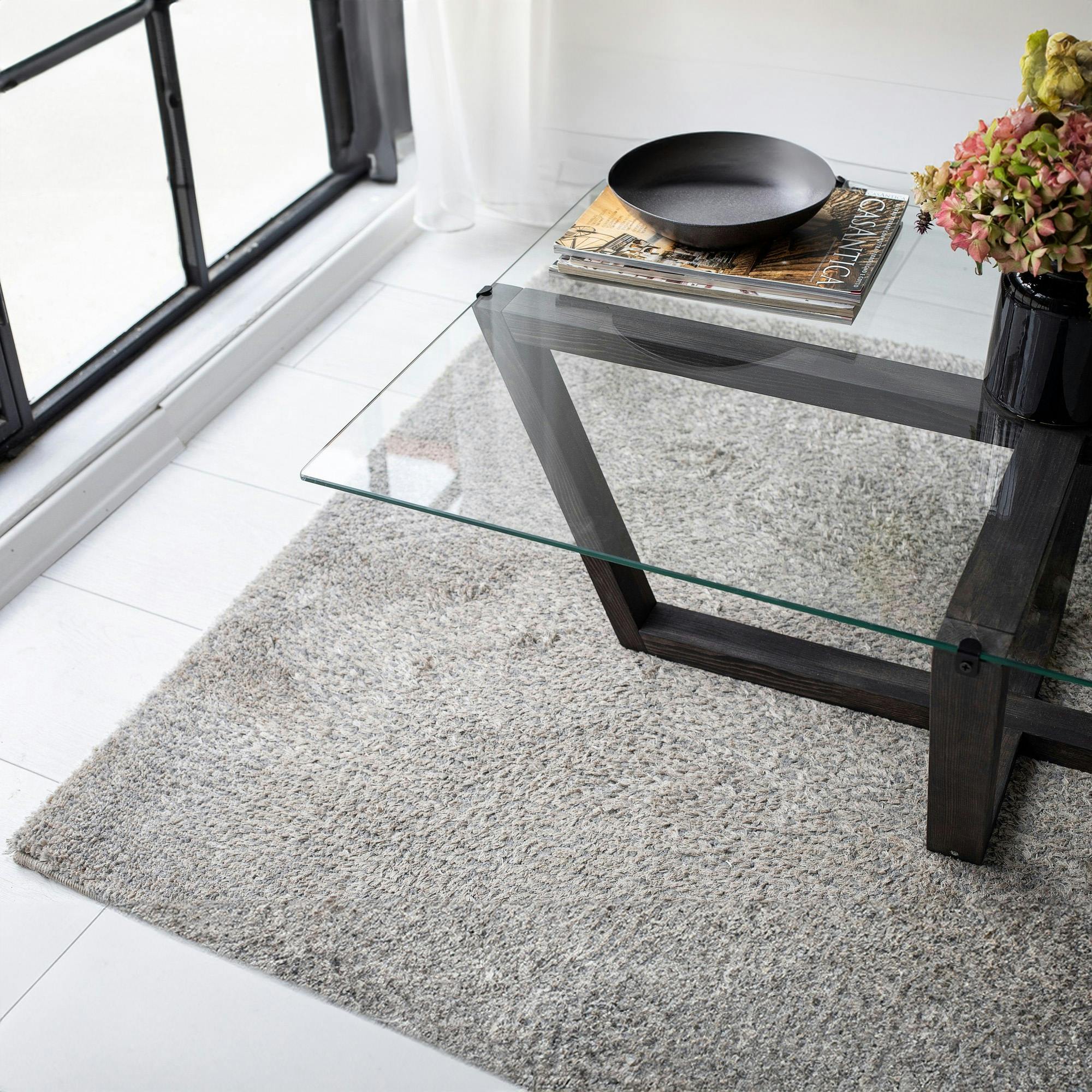 Table basse verre trempé - pied croisé en bois gris foncé LHASA