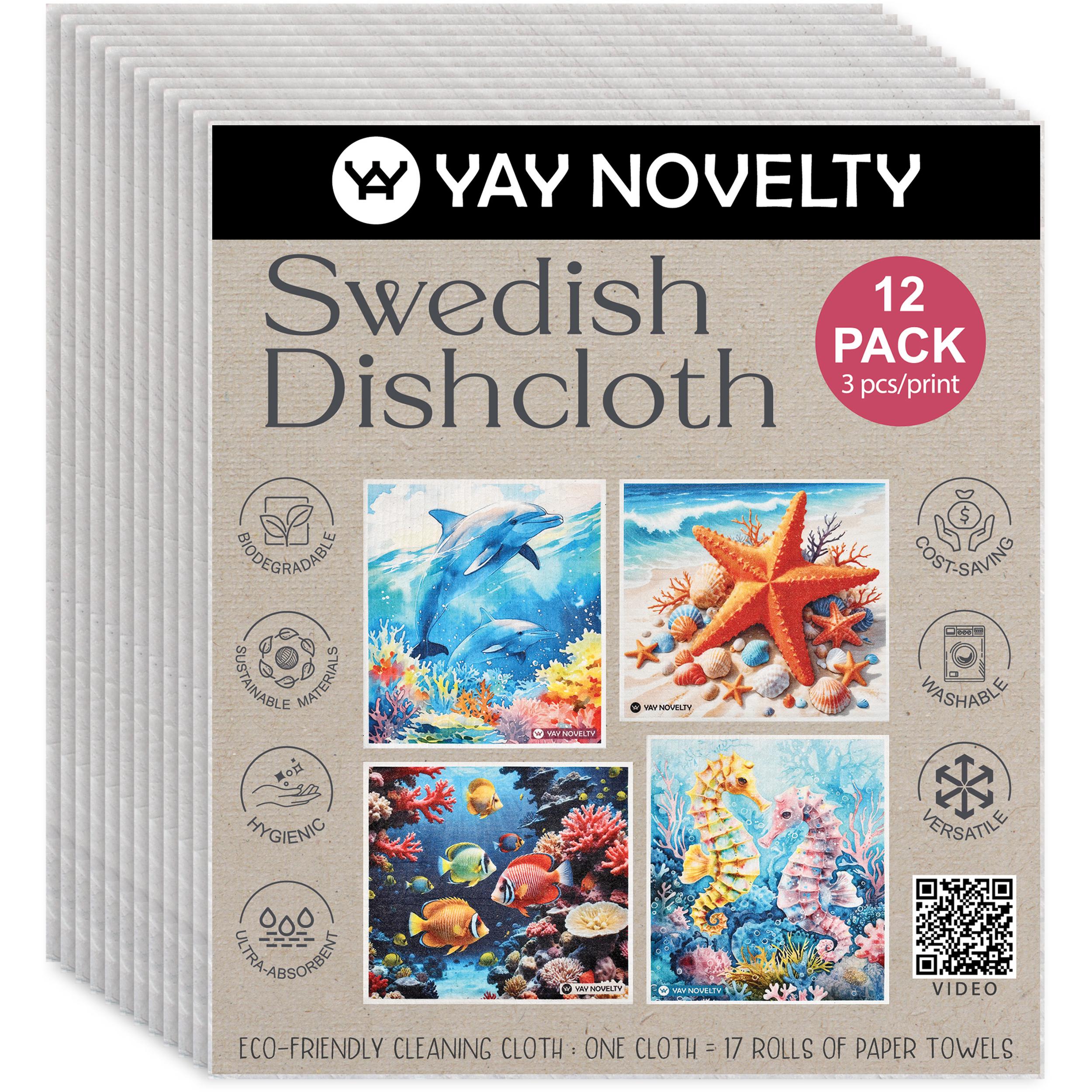 12-Pack German Swedish Dishcloth: Ultra-Absorbent, Eco-Friendly Cleaning Sponge Cloth, Paper Towel Alternative, Sea Creatures, FREE SHIPPING