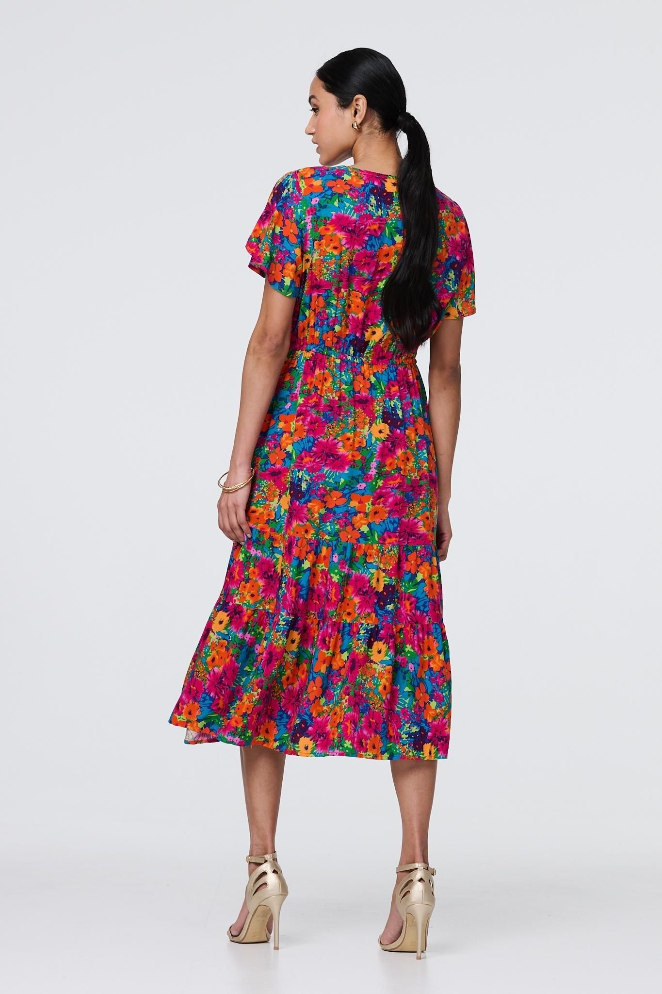 Izabel London Floral Short Sleeve Tie Waist Dress