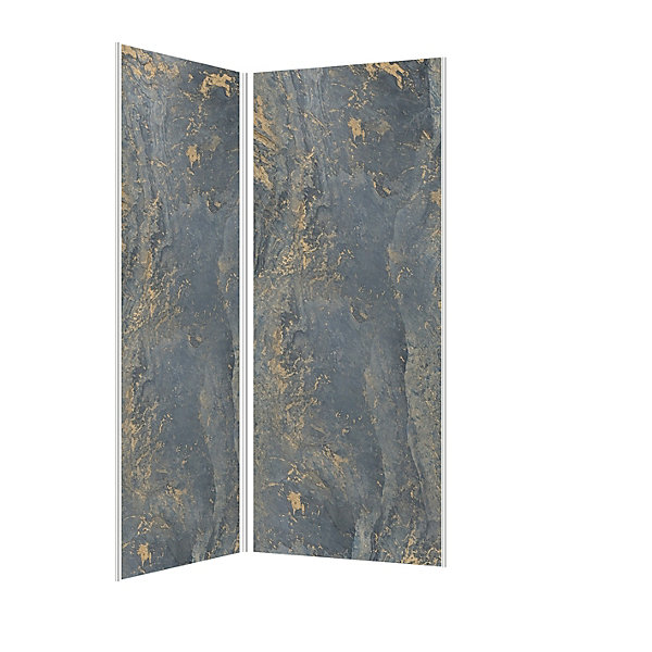 Pack de 2 panneaux muraux de salle de bains, gris et doré effet marbre avec profilés chromés, l.90 90 x H.210 x P.0,3 cm, Galedo Homestone