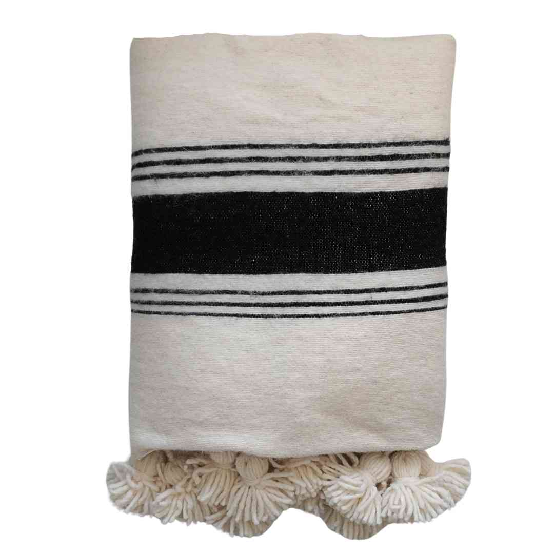NOA MAY Plaid Pom Pom - wit/zwart - wol - 100 x 190 cm - striped design
