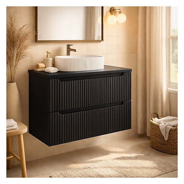 Ensemble de salle de bain suspendu VANO 80cm : meuble sous vasque à tiroirs rainuré noir mat et plan pour vasque noir mat