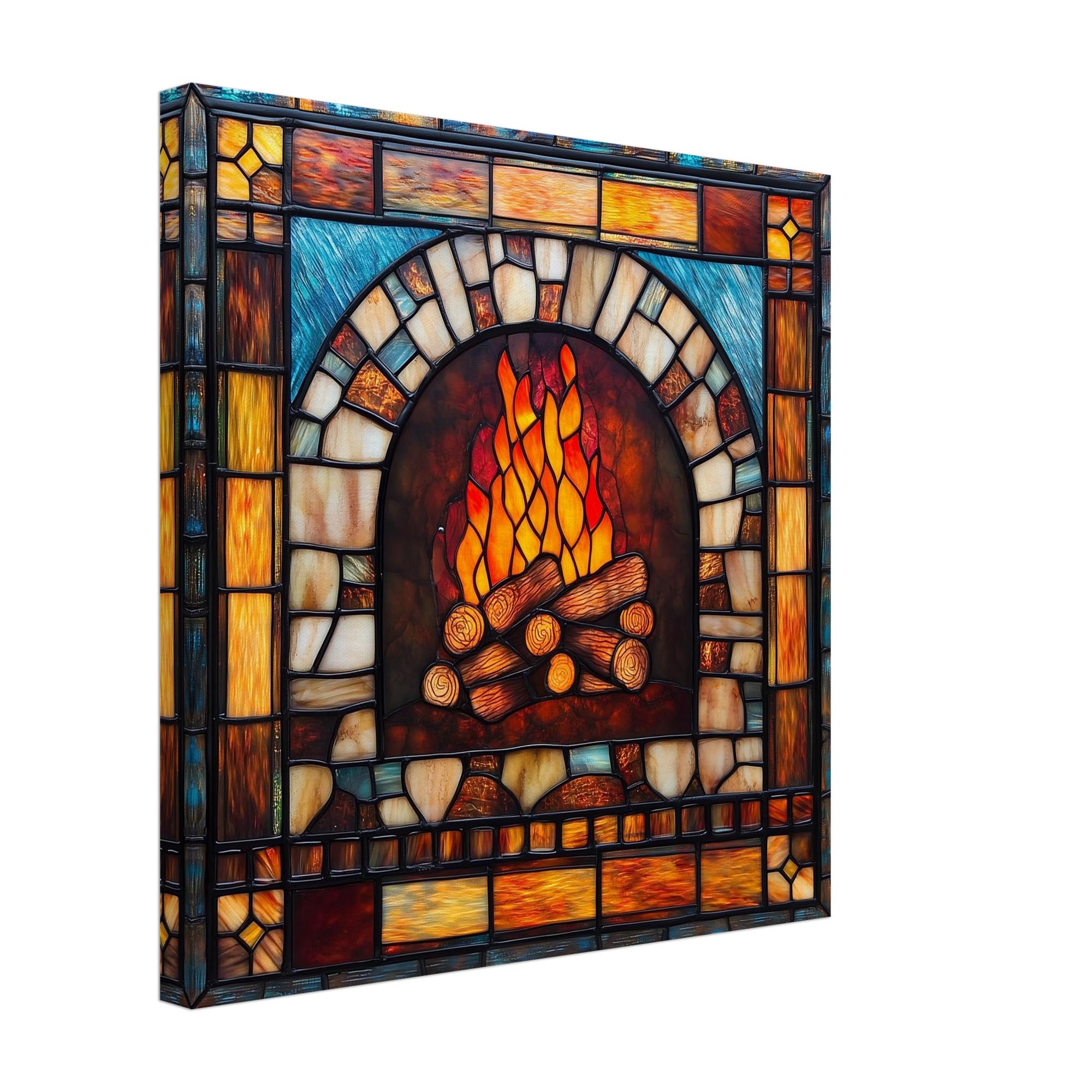 Cozy Hearth, Stained Glass Canvas Art of a Fireplace with Burning Logs, Faux Stained Glass Artwork