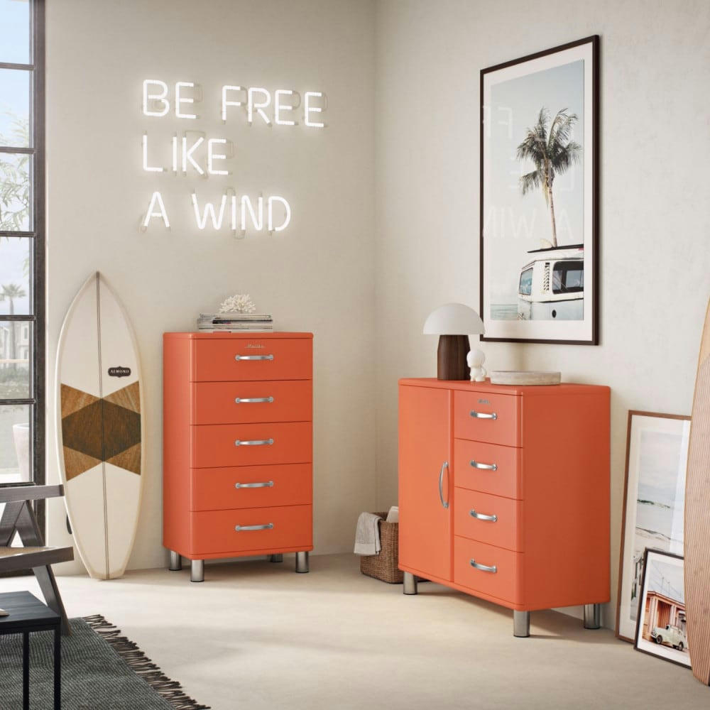 MALIBU - Buffet vintage 1 porte 4 tiroirs L98cm rouge