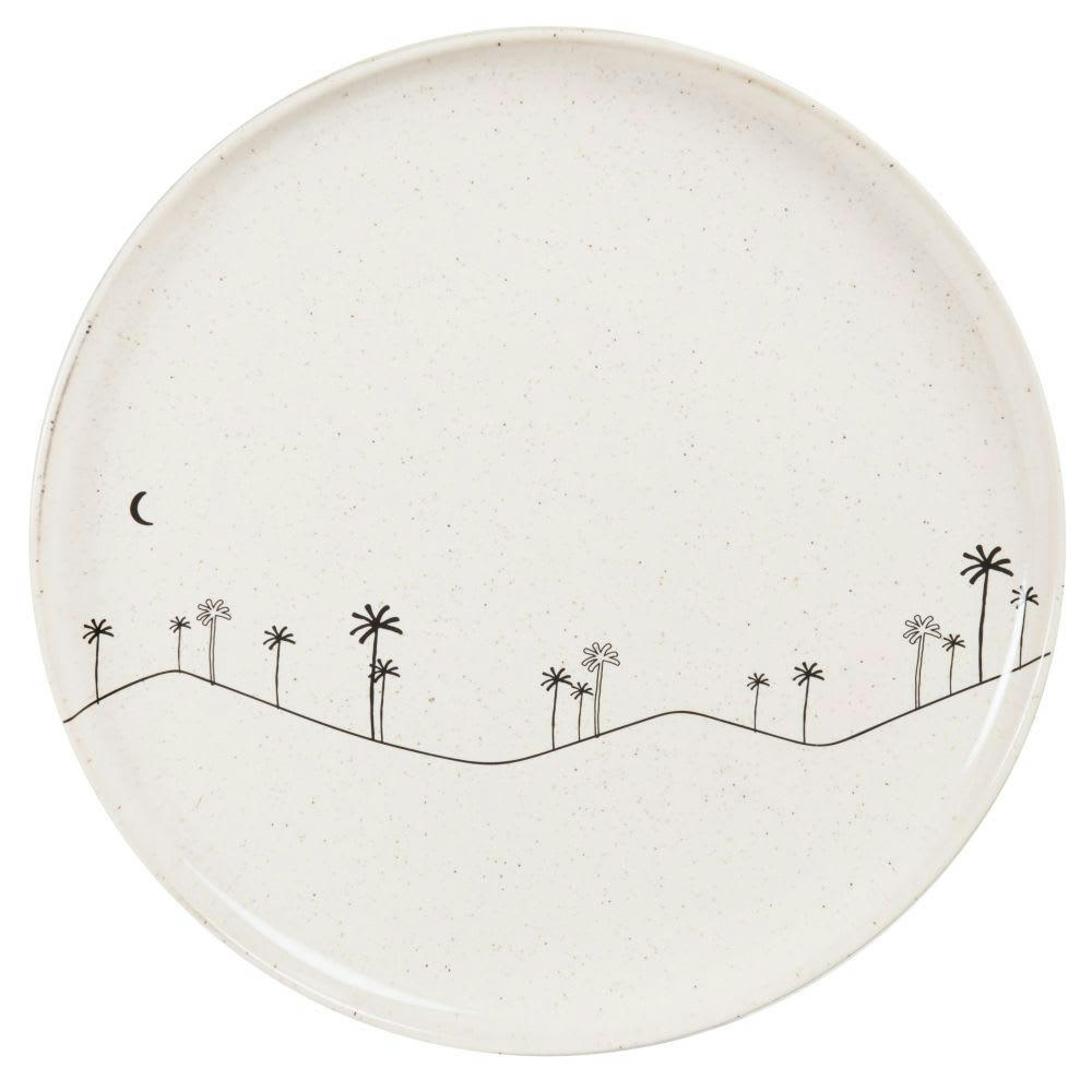 DESERT - Assiette plate en grès beige motifs palmiers noirs