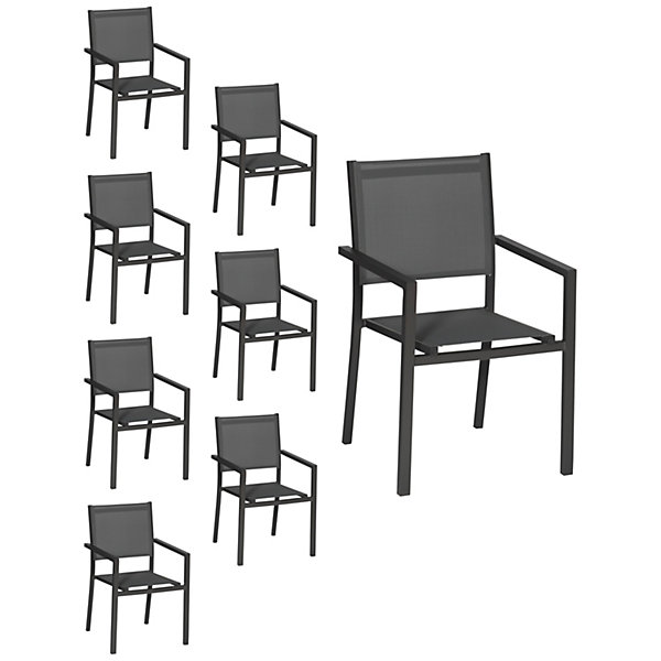 Lot de 8 chaises en aluminium anthracite - textilène gris - HAPPY GARDEN
