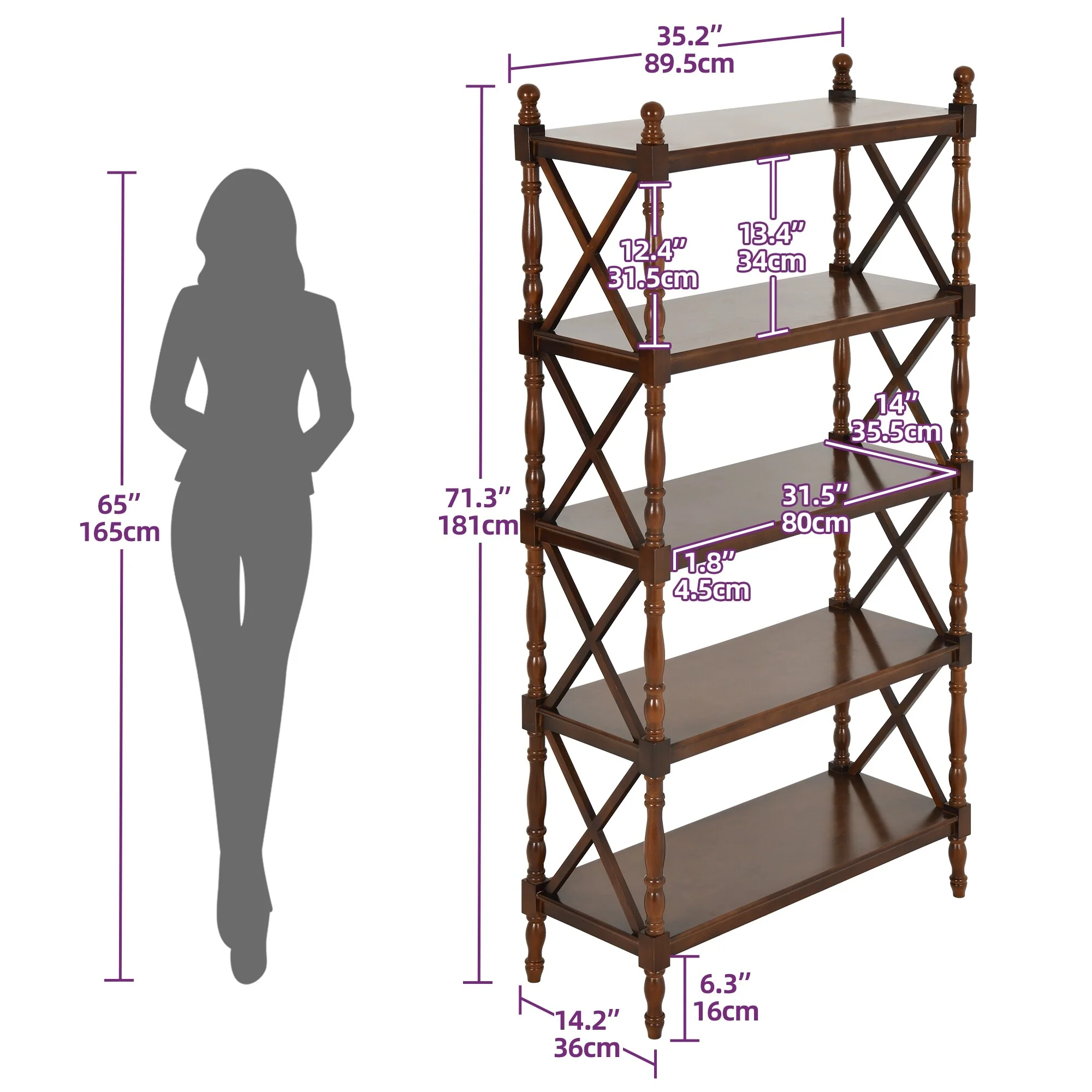 Moasis 5-Shelf Solid Wood Bookcase Vintage Storage Rack