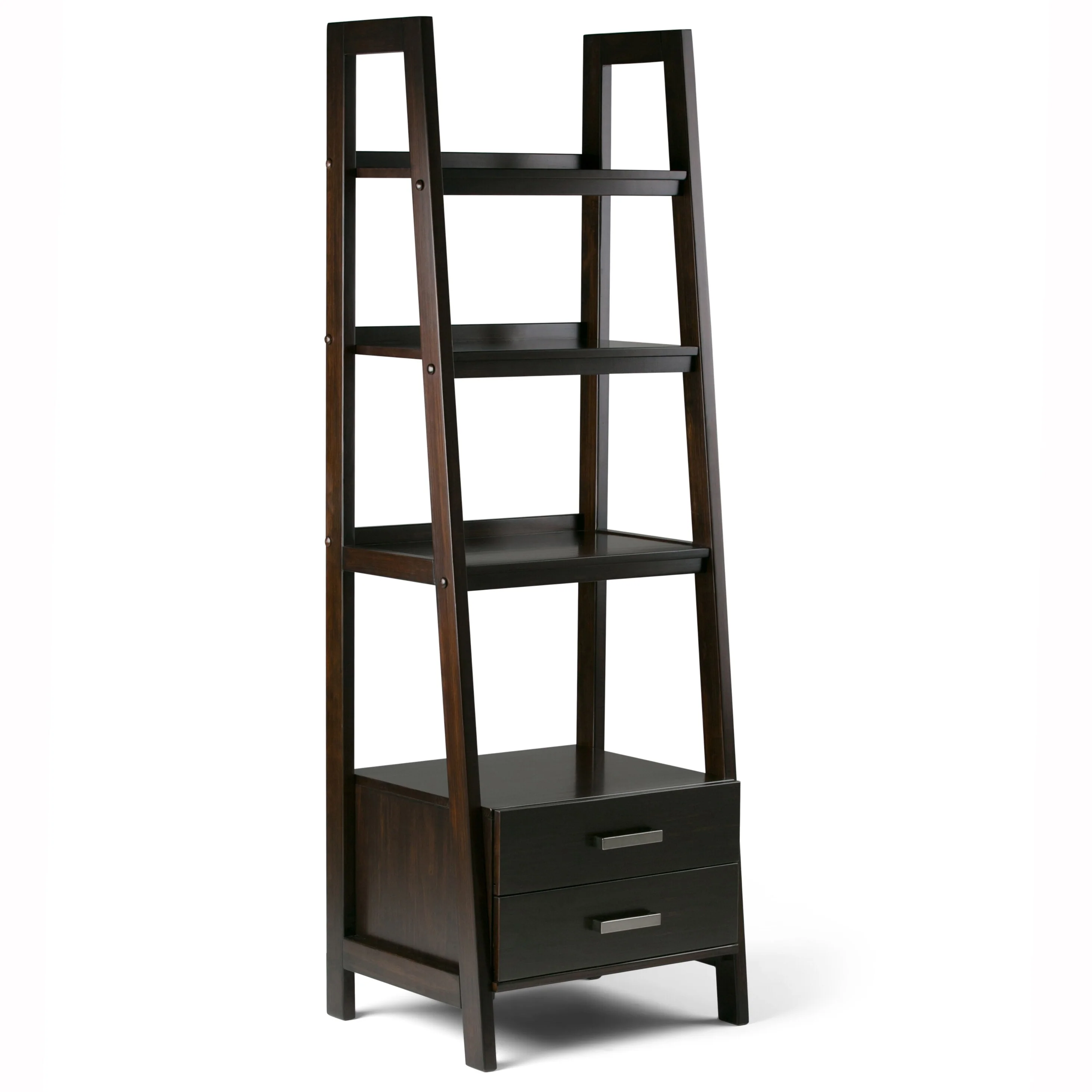WYNDENHALL Hawkins SOLID WOOD 72 inch x 24 inch Modern Industrial Ladder Shelf with Storage - 24w x 20d x 72h