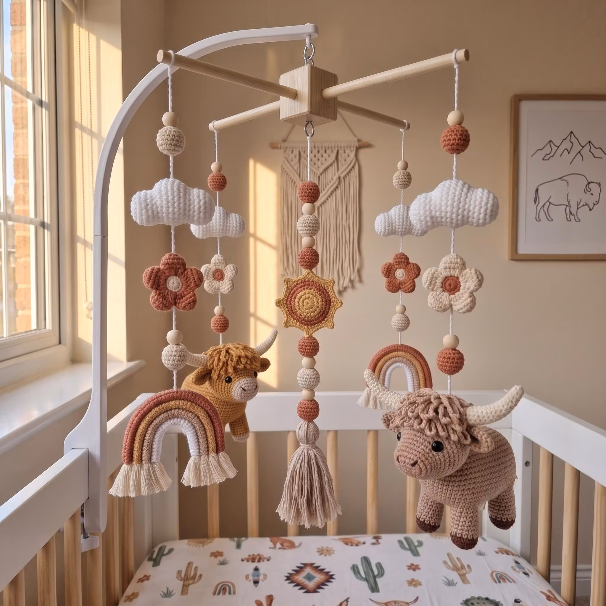 Crochet Western Cow Baby Mobile Bundle, Highland Cow Crib Mobile, Boho Cowboy Nursery Decor, Milk Cotton Baby Shower Gift, Newborn Decor