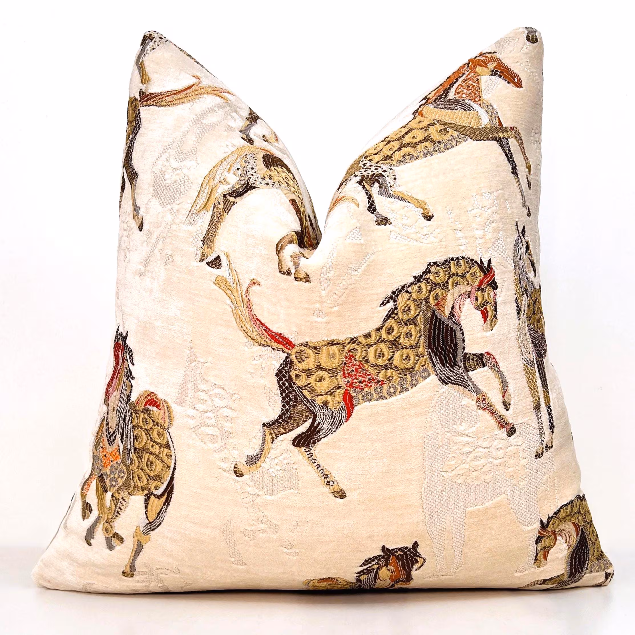 Woven Chenille Horse Pillow Cover: Embroidered Equestrian Cushion, Cream Throw Pillow
