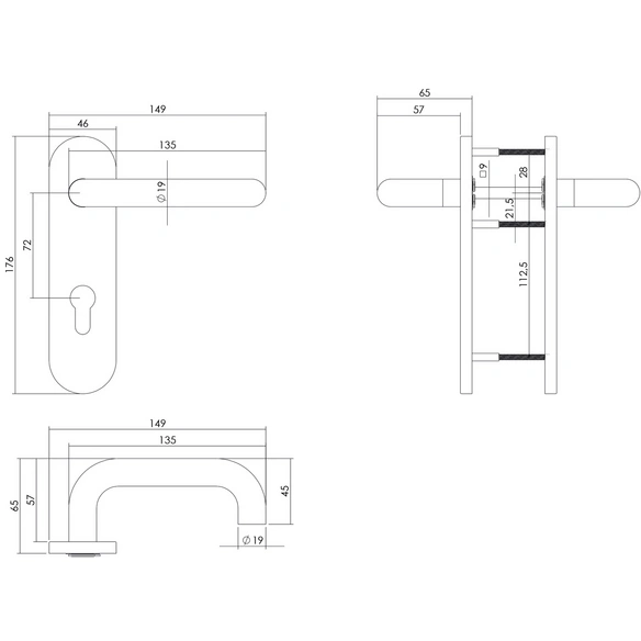 Türdrücker, 170x43x8 mm PZ 72 mm rund