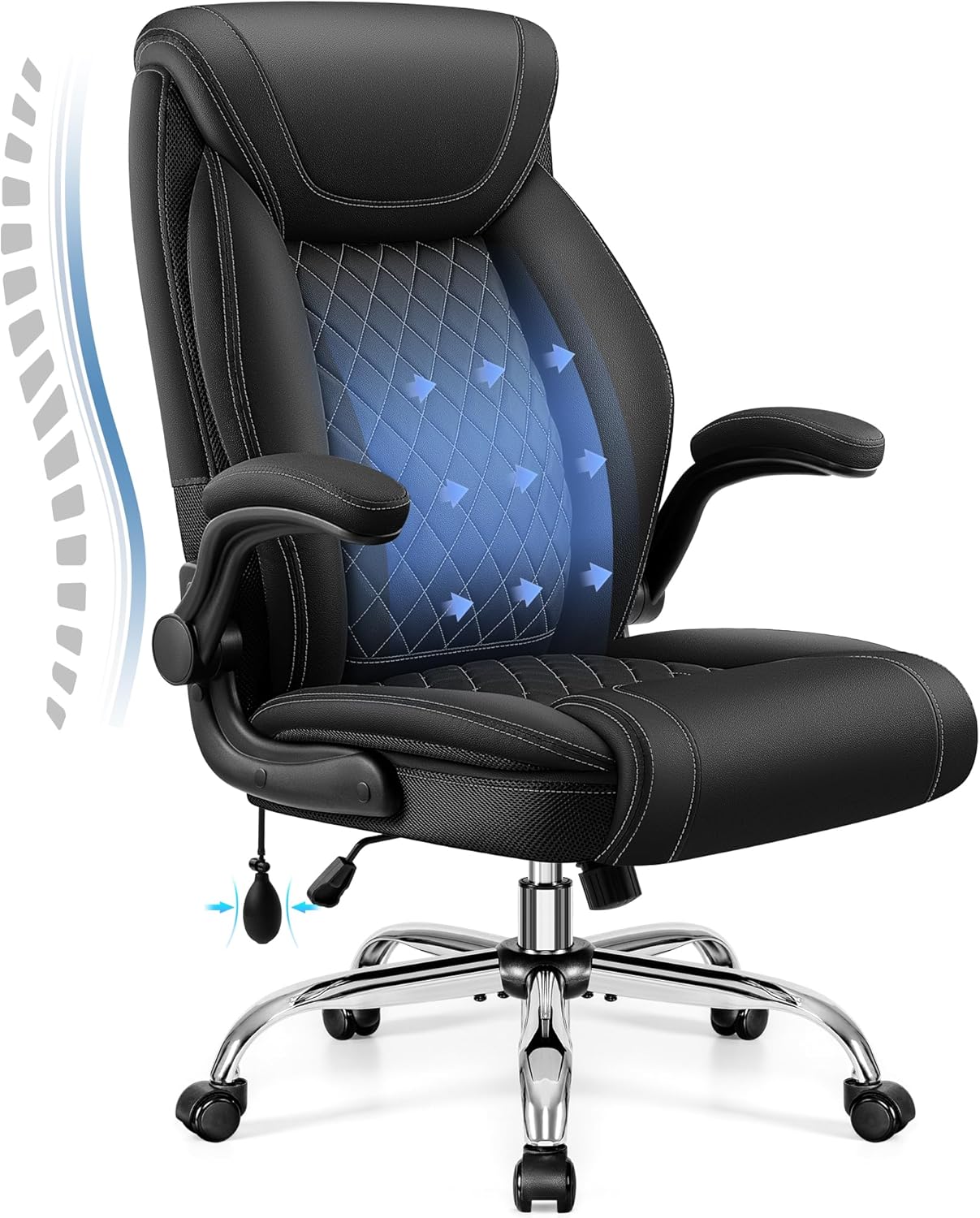 Office Chair, Big and Tall Ergonomic Desk Chair, Executive Leather Computer Chair with Adjustable Lumbar Support, Comfy Gaming Chair with Flip Up Arms, Swivel PC Chair with Rocking Function, Black