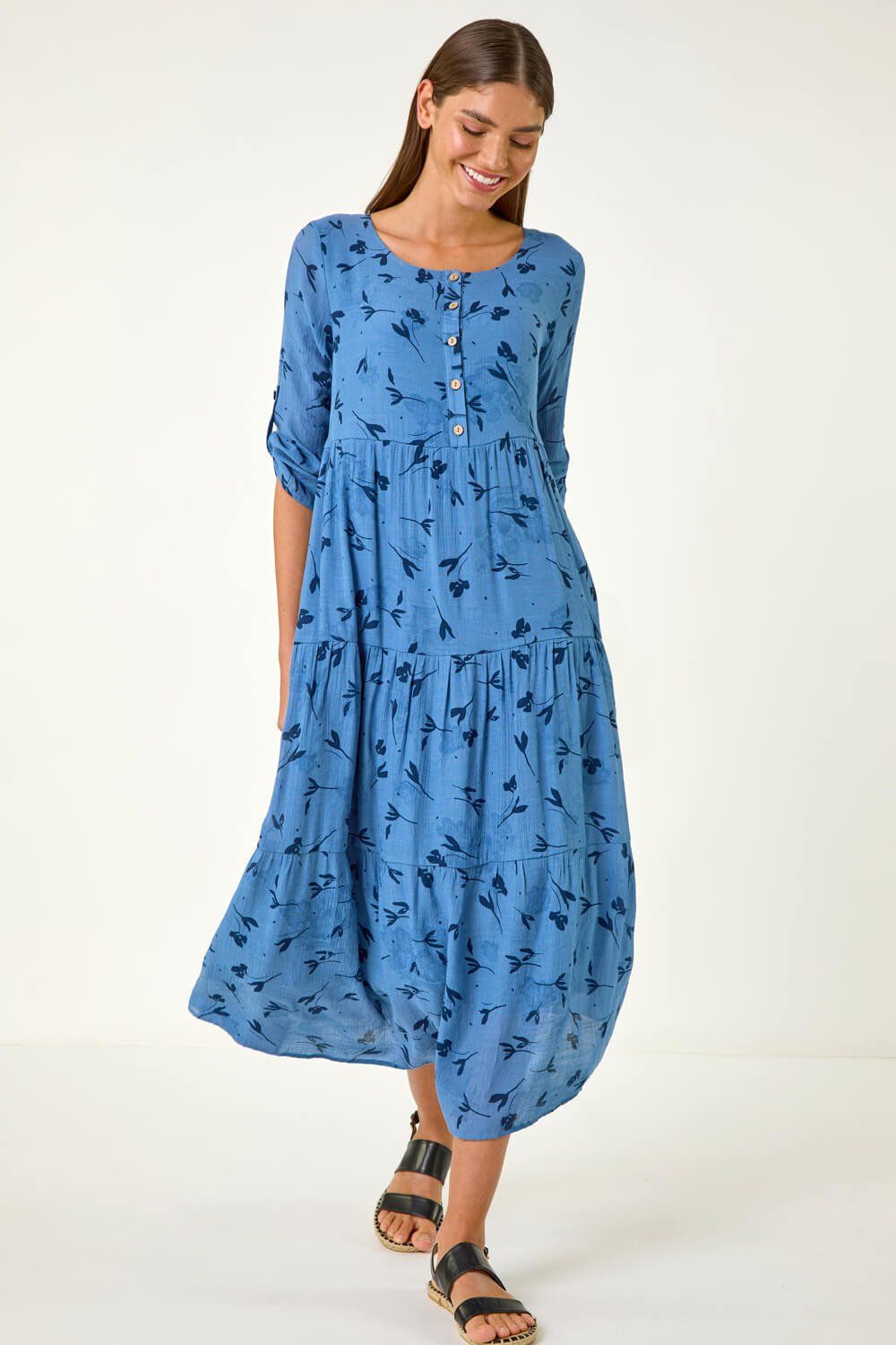Roman Floral Print Button Midi Dress