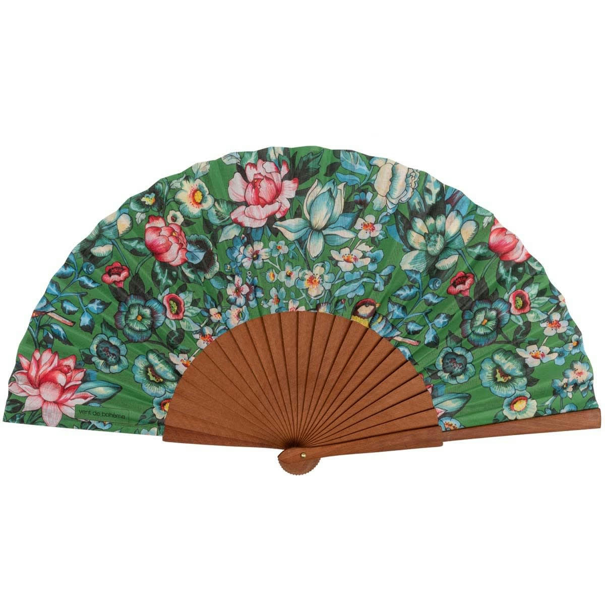 - Éventail en bois de merisier et coton imprimé fleuri vert