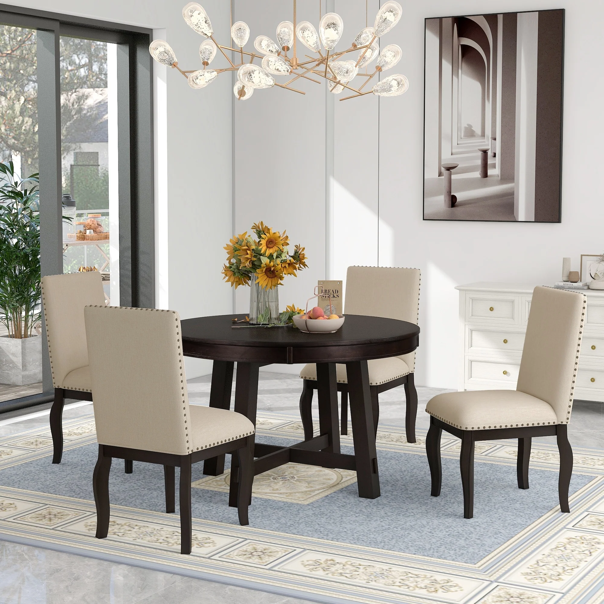 5-Piece Farmhouse Dining Table Set Wood Round Extendable Dining Table and 4 Upholstered Dining Chairs