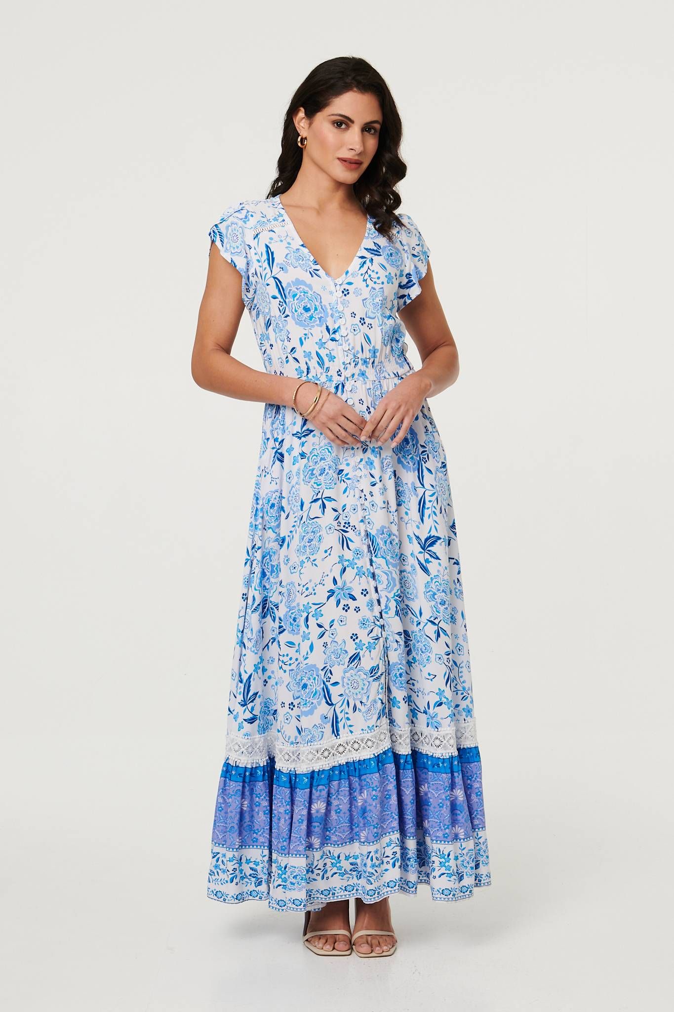 Izabel London Floral Border Cap Sleeve Maxi Dress