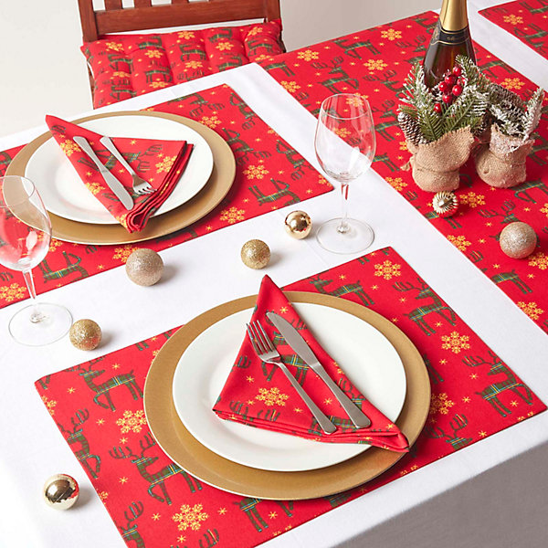 Lot de 4 sets de table noël rennes rouge en coton - HOMESCAPES