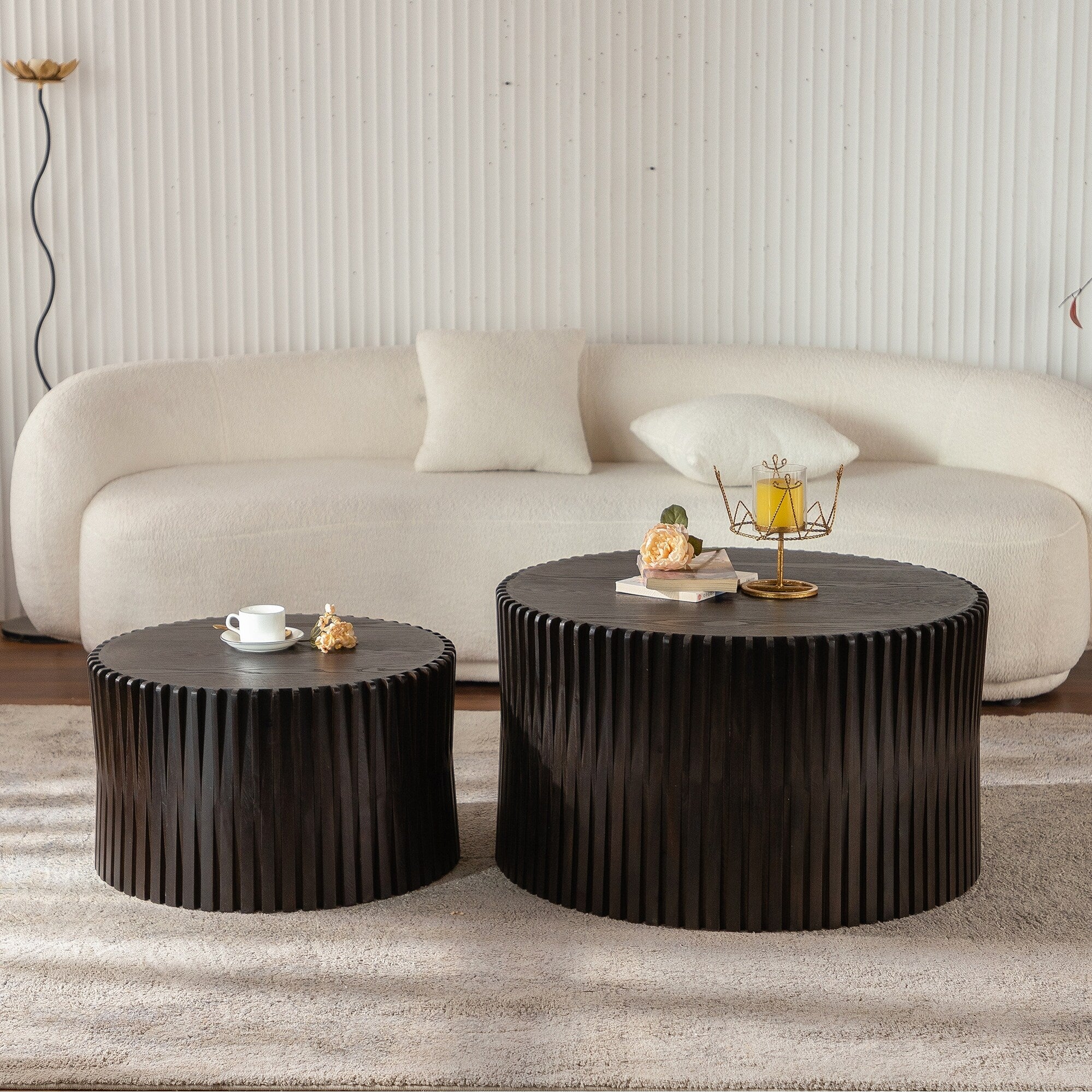 Fashion Style Nesting Coffee Table Set with Vertical Textured Embossed Design for Living Room, Office and Dining Room(Set of 2)