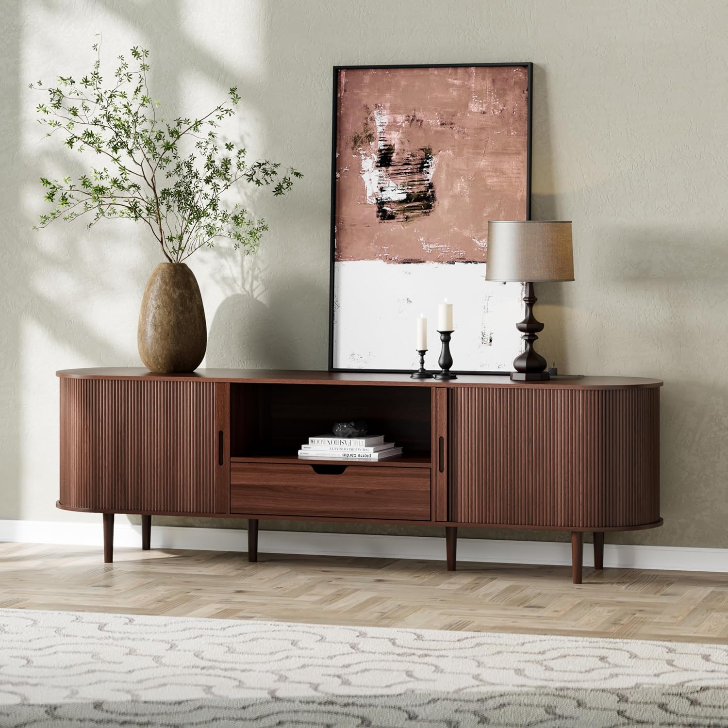 DHH 71 Fluted TV Stand with Power Outlet for TVs up to 80, TV Console with Adjustable Shelves and Sliding Door,Mid Century Modern Entertainment Center for Living Room,Bedroom (Walnut, 71Inch)