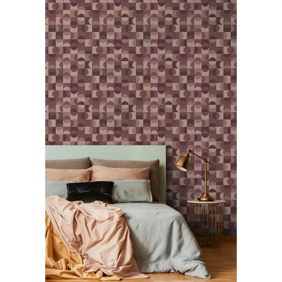 ESTAhome behang cirkels in Bauhaus stijl aubergine paars en bruin - 50 x 900 cm