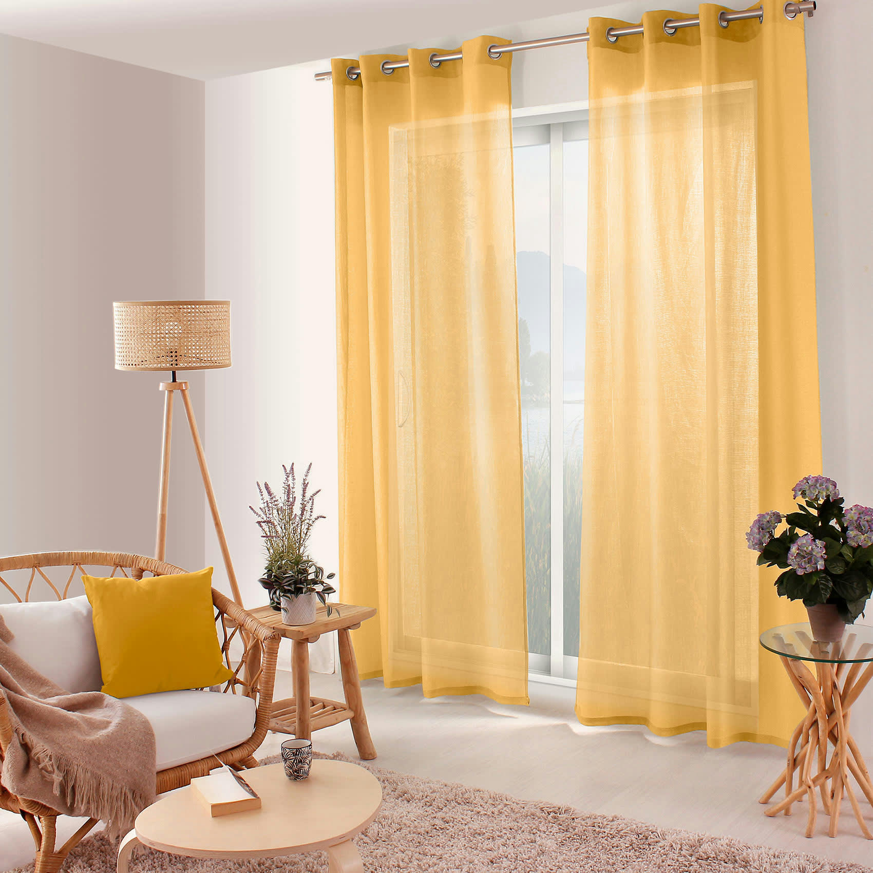 - Voilage uni ajouré à œillets polyester jaune moutarde 140x240 cm