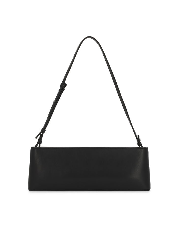 Elongated black handbag with shoulder strap