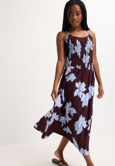 Womens Burgundy Floral Shirred Midi Dress