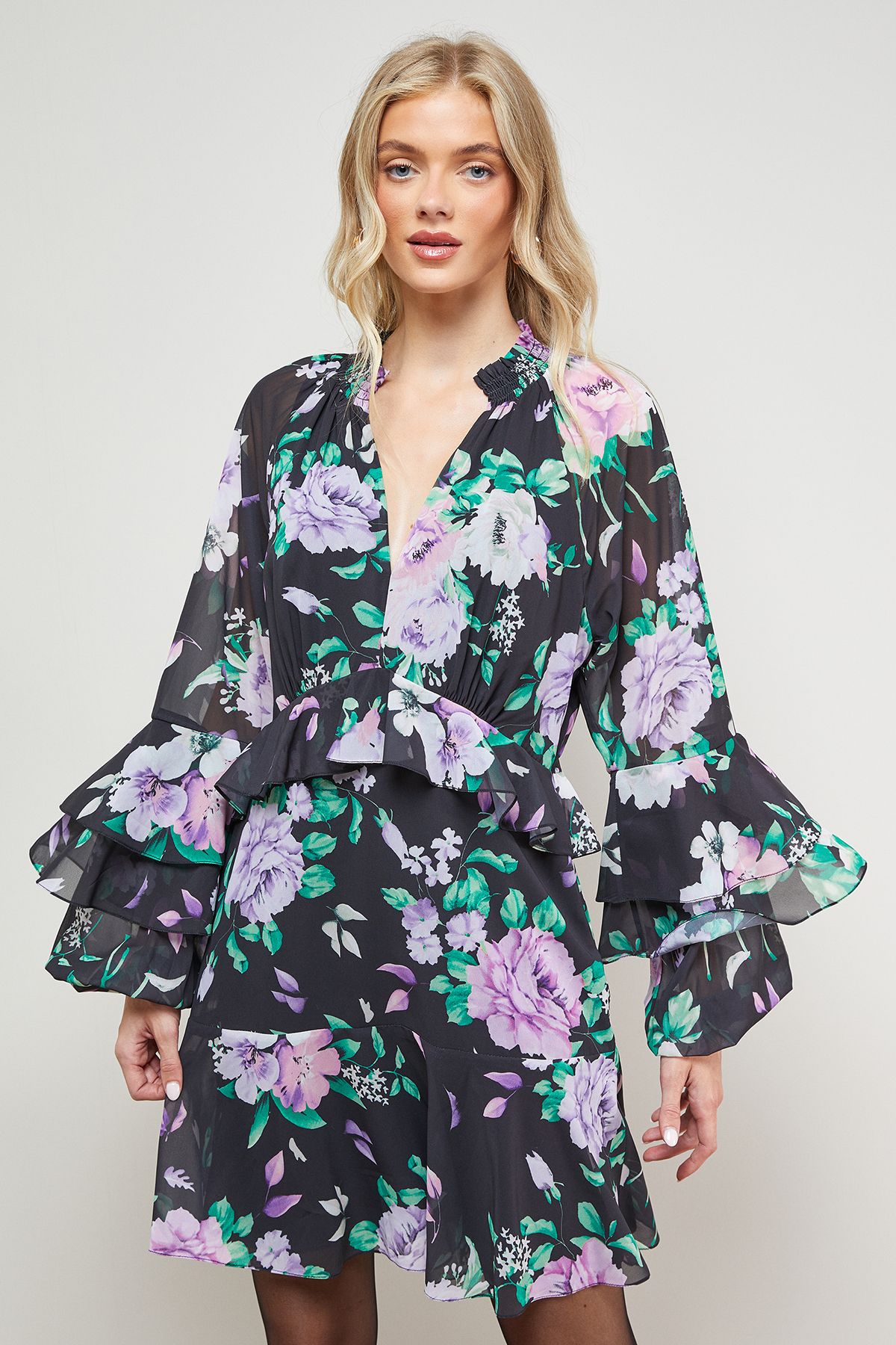 Oasis Printed Fluted Sleeve Ruffle Detail Mini Dress