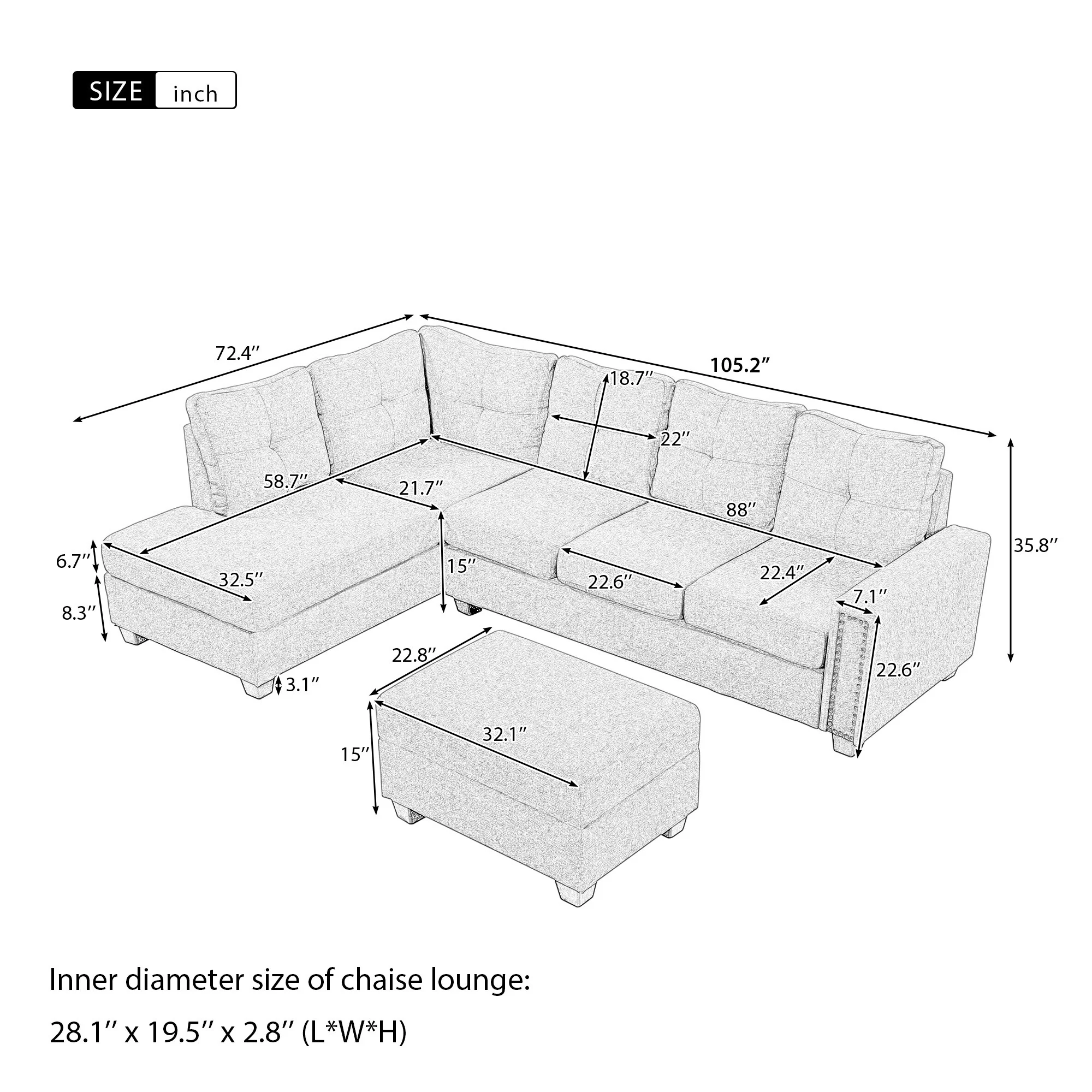 105.2'' Reversible L-Shaped 6-Seat Sectional Sofa with Storage Ottoman and Cup Holders, Space-Saving Design