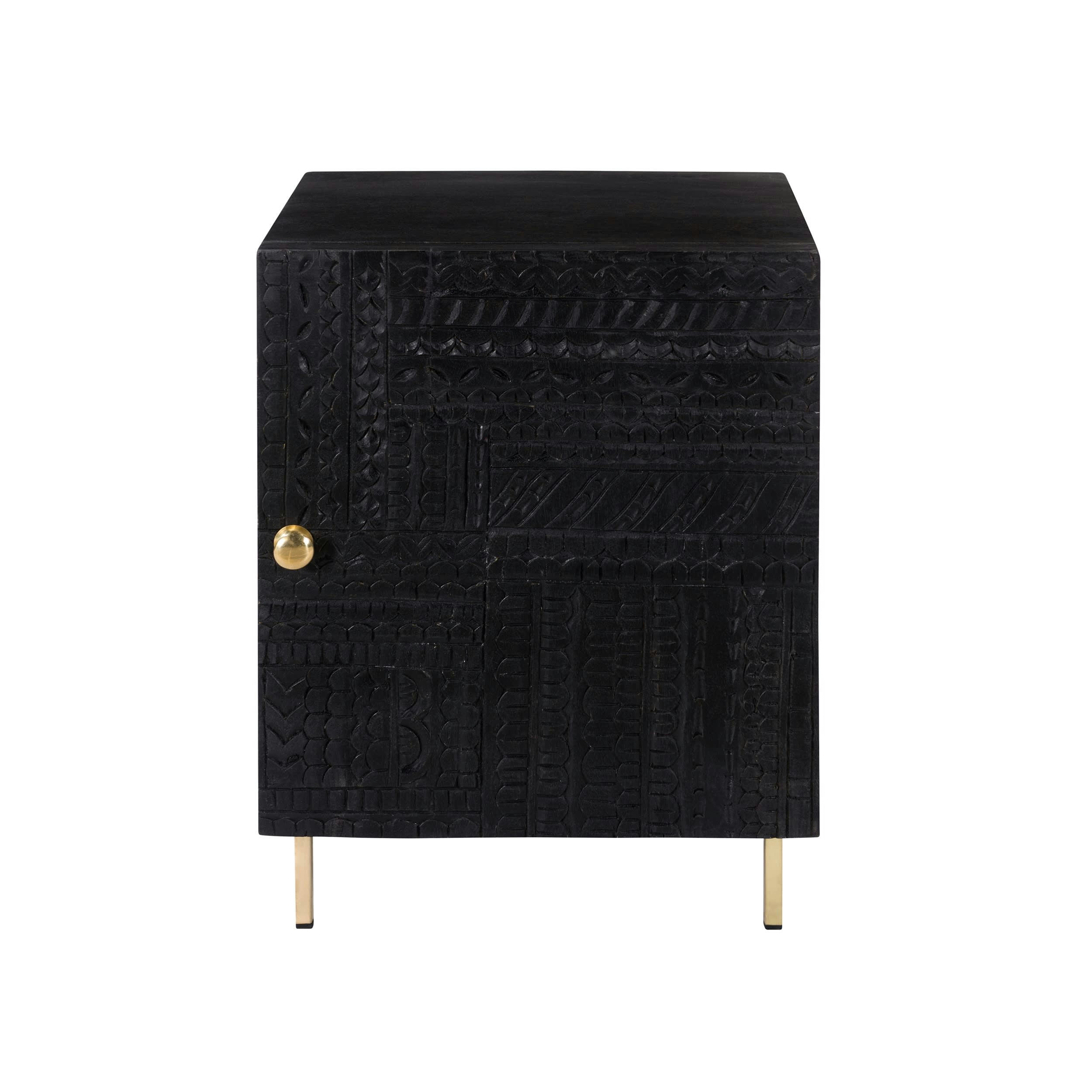 CHIMANE - Chevet 1 porte en bois gravé noir et métal doré