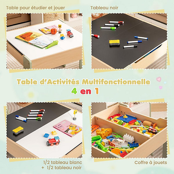 Ensemble Table et Chaises pour Enfants 3PCS avec Plateau Rabattable Dossier Ergonomique 4 en 1 Table Activités Vert