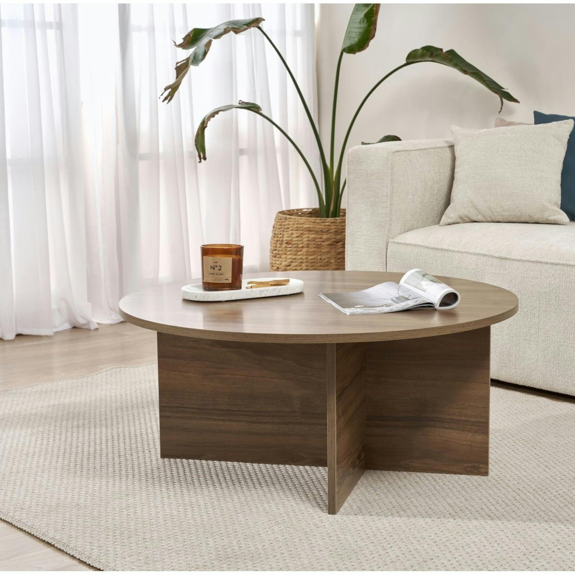 Table basse ronde minimaliste - effet bois de noyer MARFA