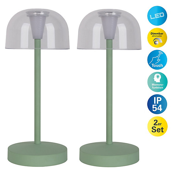 Lot de 2 lampes de table LED rechargeables 'Gomba' pour l'extérieur et l'intérieur, en métal et plastique menthe, hauteur 18,5 cm