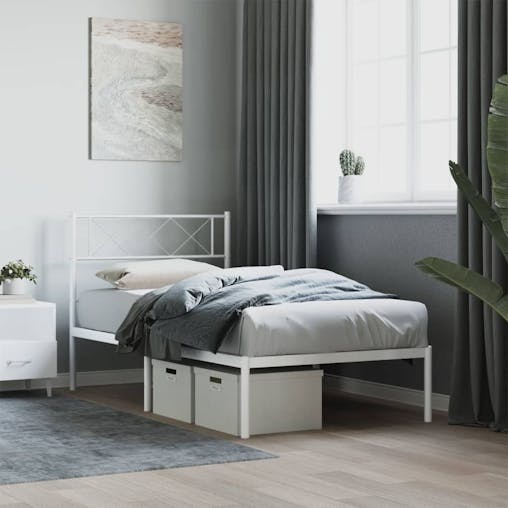 NNEVL Metal Bed Frame with Headboard White 107x203 cm