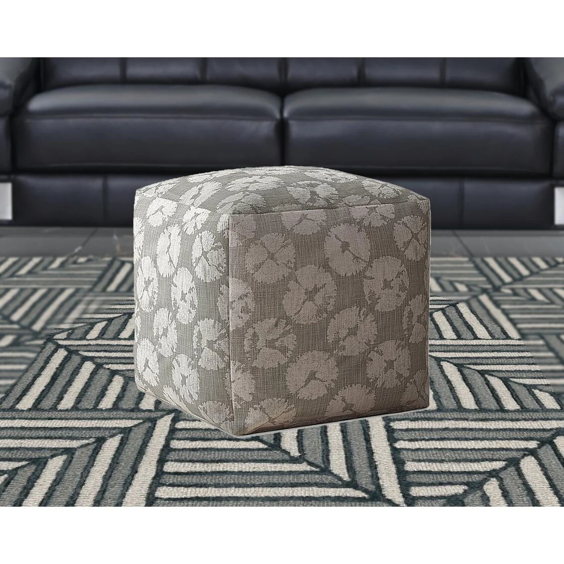 HomeRoots 17 Grey Canvas Floral Pouf Ottoman