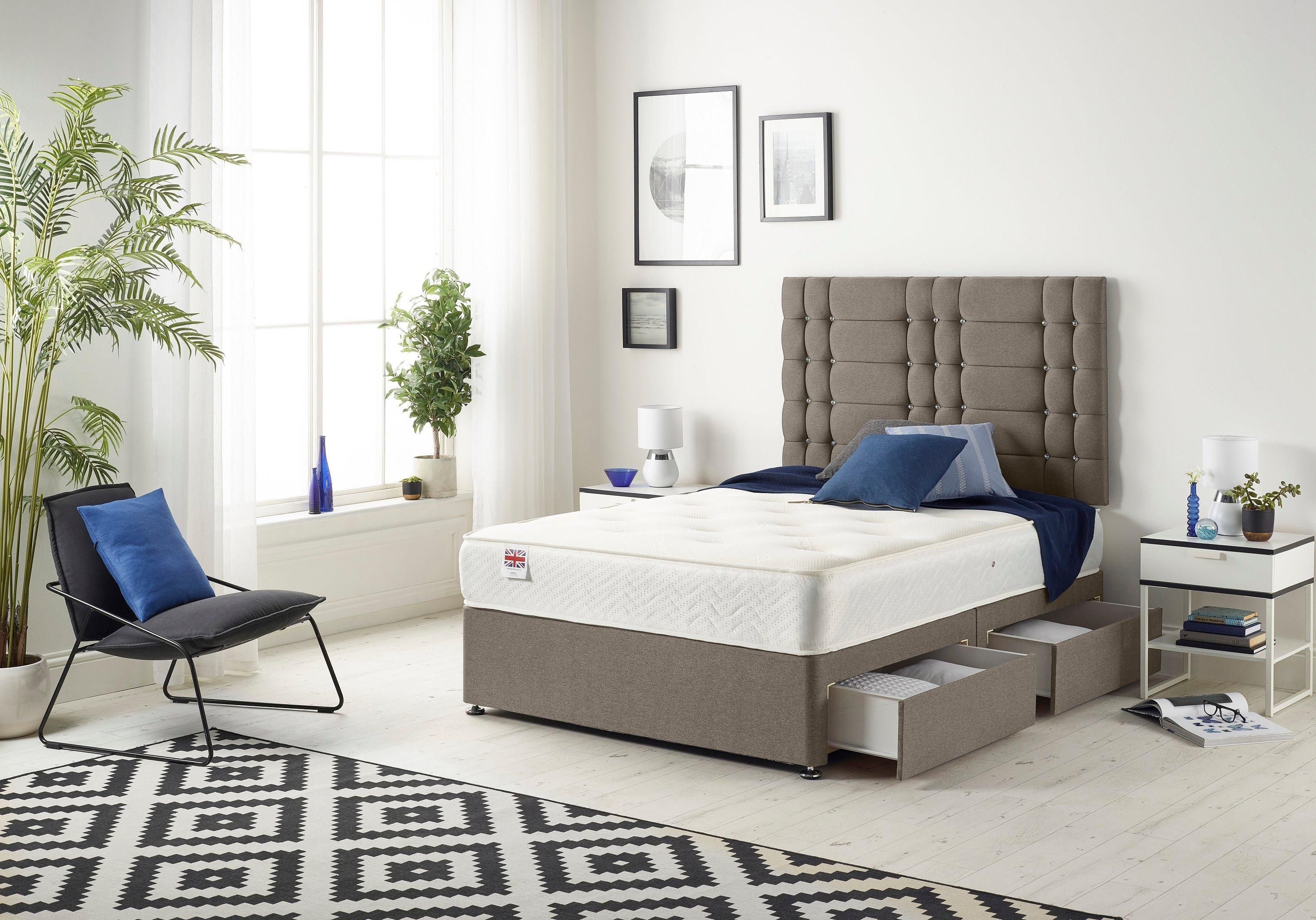 Somnior Bliss Sprung Memory Foam 2 Drawer Divan Bed Set with Upholstered Headboard Tweed Fabric