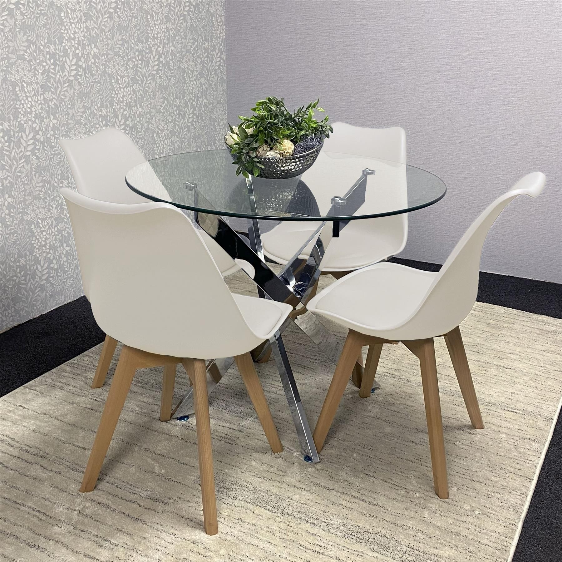 KOSY KOALA Modern Round Glass Dining Table Set With 4 Cream Plastic Chairs